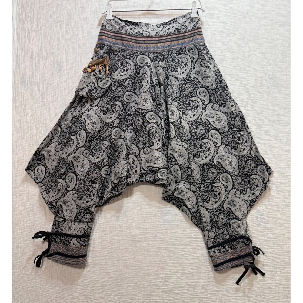 Harem Pants Paisley Drop Crotch Unisex One Size Black Boho Festival Yoga Pants